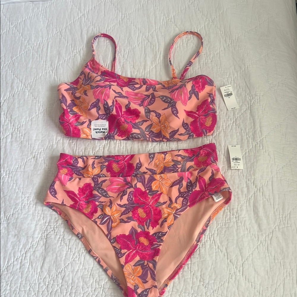 Old Navy Floral High-Waist Bikini Set - Pink & Fuchsia Size Large Bottoms XL Top